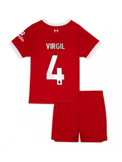 Liverpool Virgil van Dijk #4 Heimtrikotsatz für Kinder 2023-24 Kurzarm (+ Kurze Hosen)